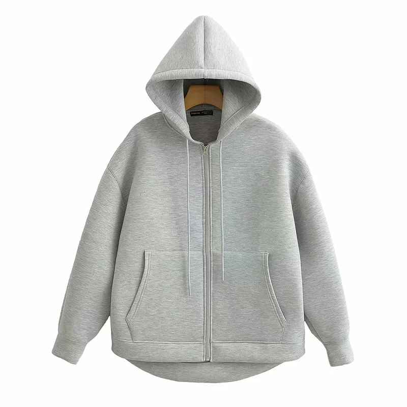 Autumn Women Gray Jacket With Hood Long Sleeve Double Big Pocket Zipper Hoodie Woman Loose Casual Outerwear Coat Sweatshirts