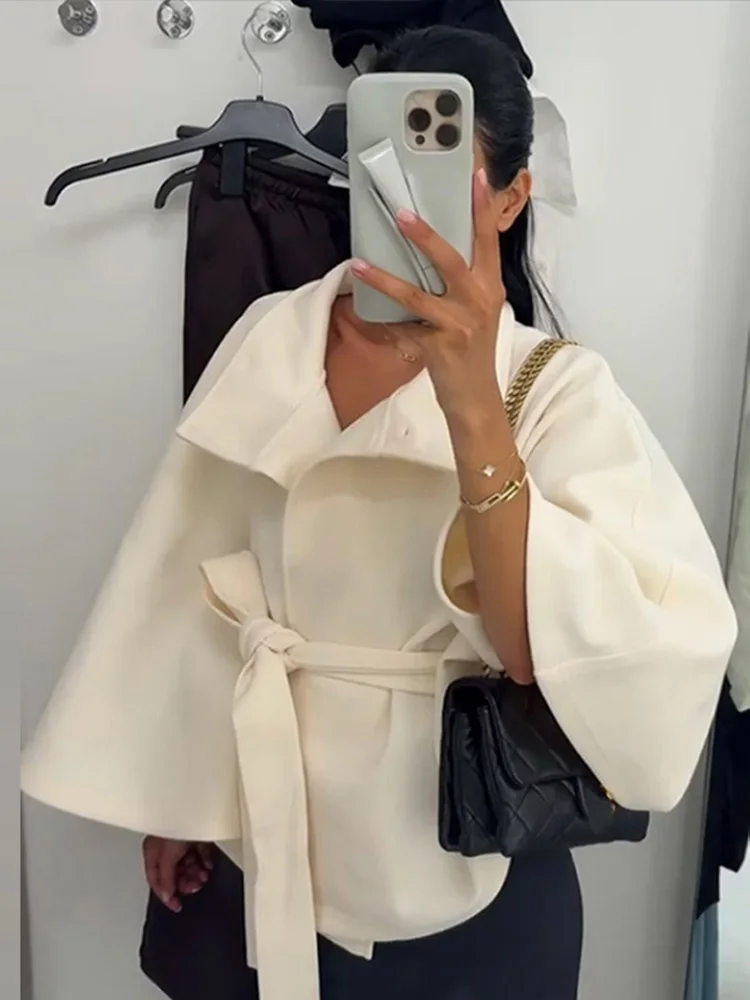 Femmes Cape courte manteaux pour femmes ceinture fausse laine mélanges manteaux automne hiver solide manteaux élégant Cape veste dames 2025