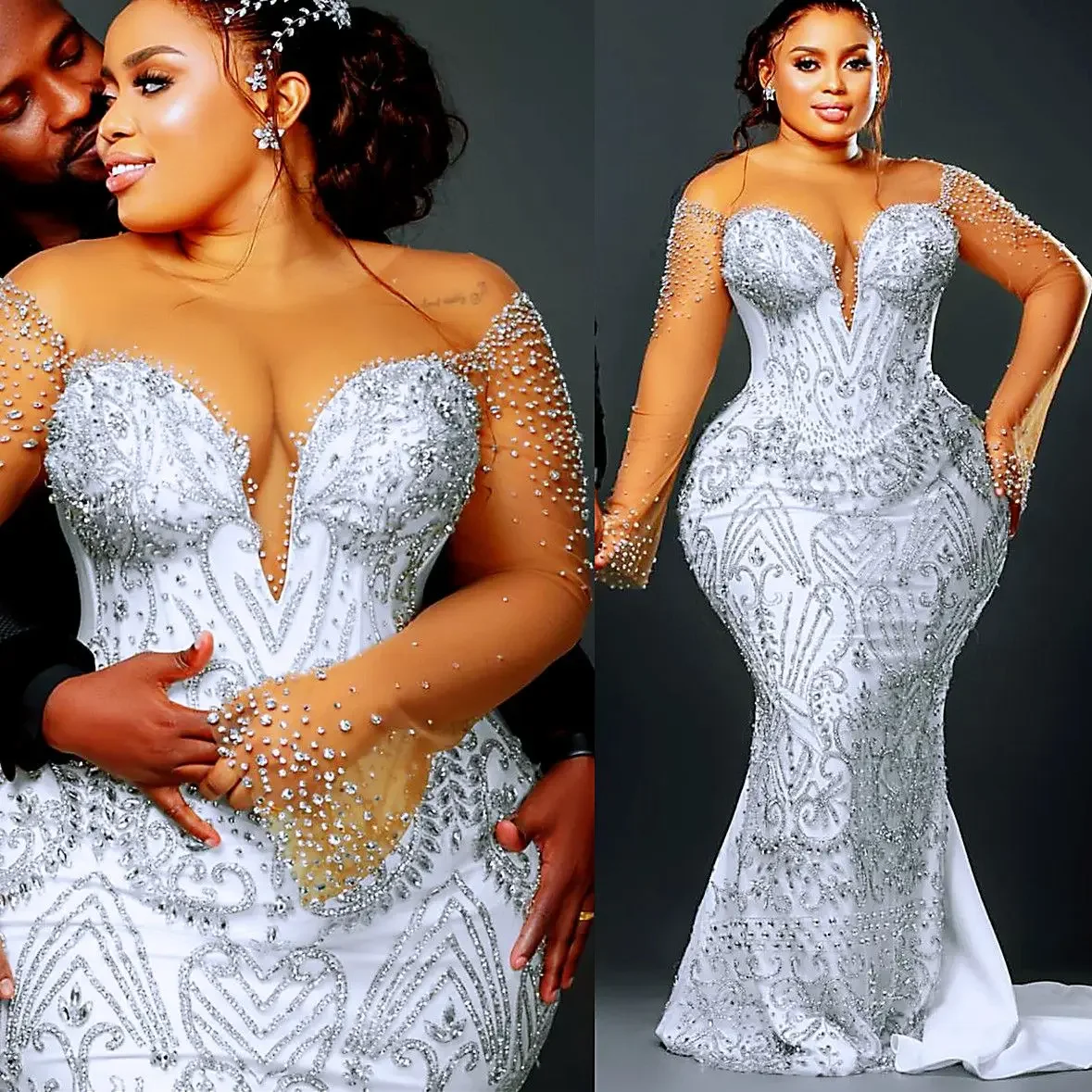 

Customized Arabic Plus Size Luxurious White Mermaid Wedding Dresses Beaded Crystals Sheer Neck Bridal Gowns Dress