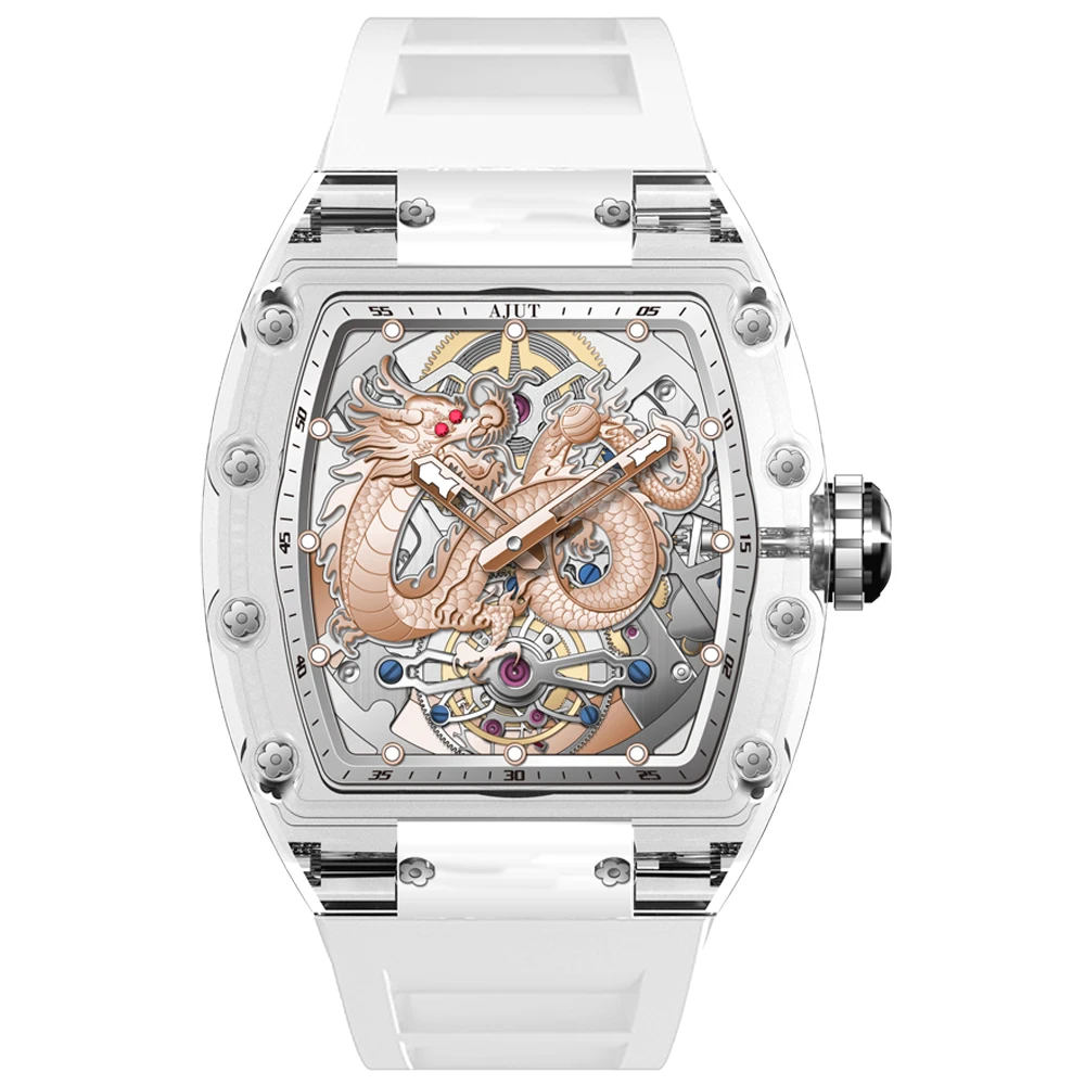 AJUT Crystal Automatic Tourbillon Movement Men Watch Dragon Dial Transparent Flying Tourbillon Mechanical Watches For Man 0571