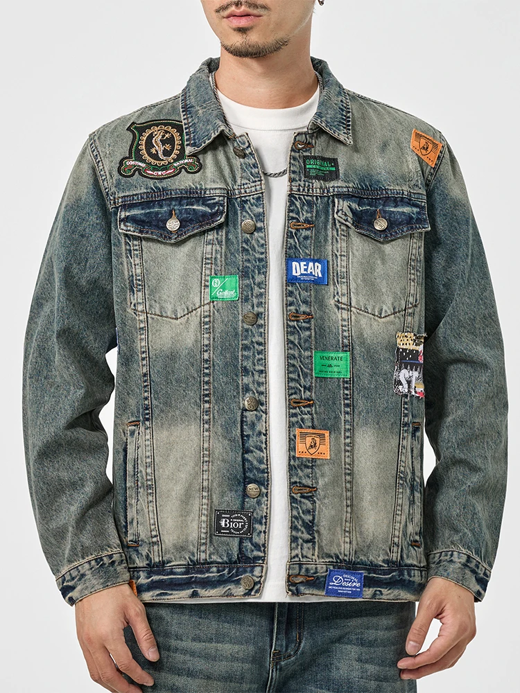 Korean version of the casual denim jacket men's personalized patchwork splicing high street tide retro loose jacket top 7XL