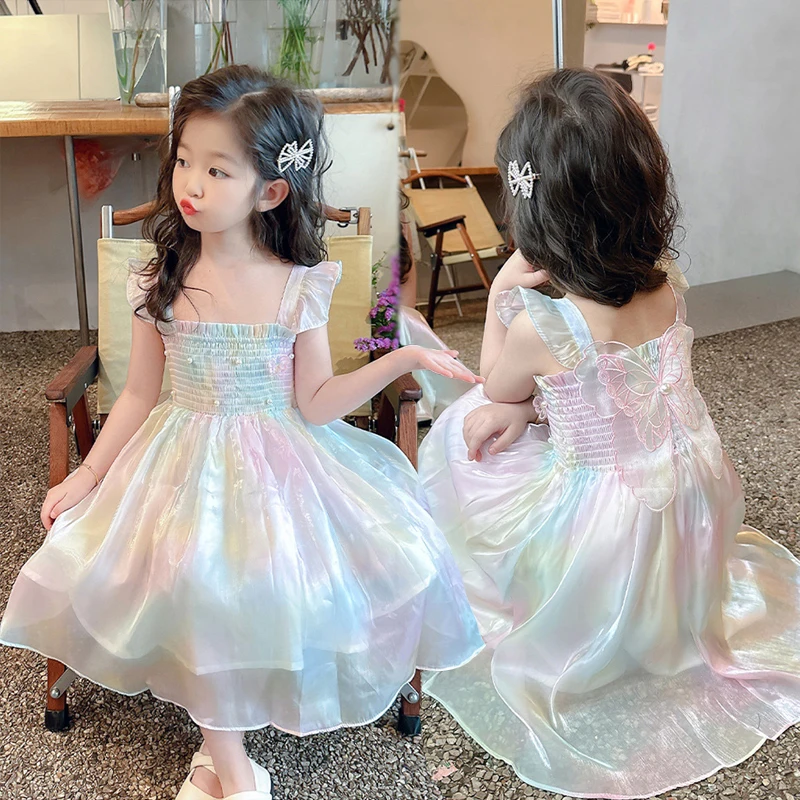 1-8 Years Cute Summer Princess Girls Dress Gradient Rainbow Butterfly Decoration Mesh Dress For Girls Party Prom Gown Clothes