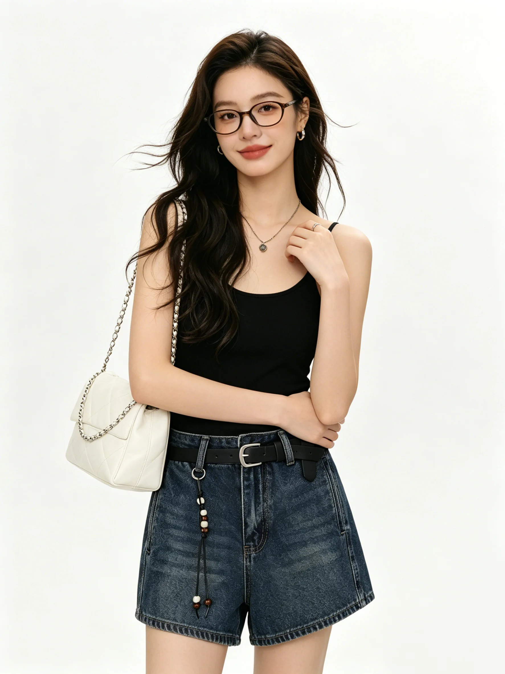 

High Waist A-Line Denim Shorts Summer Belted Beaded Slim Wide Leg Hot Pants Korean Style Loose Fit Jeans Women's Fashion