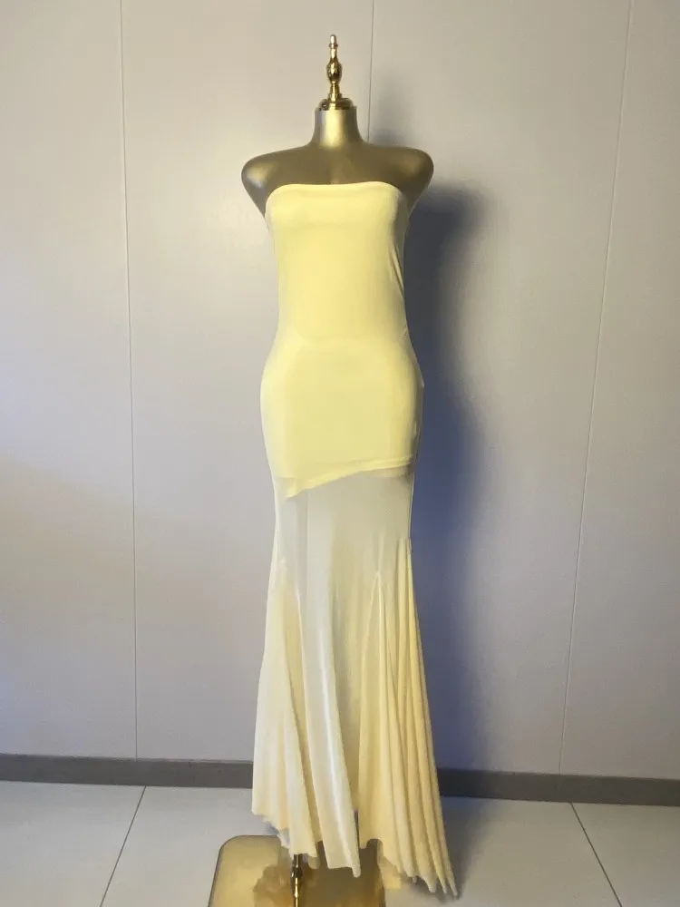 

New Women Sexy Strapless Backless Yellow Mesh Maxi Long Dress 2025 Elegant Evening Club Luxury Birthday Party Dresses