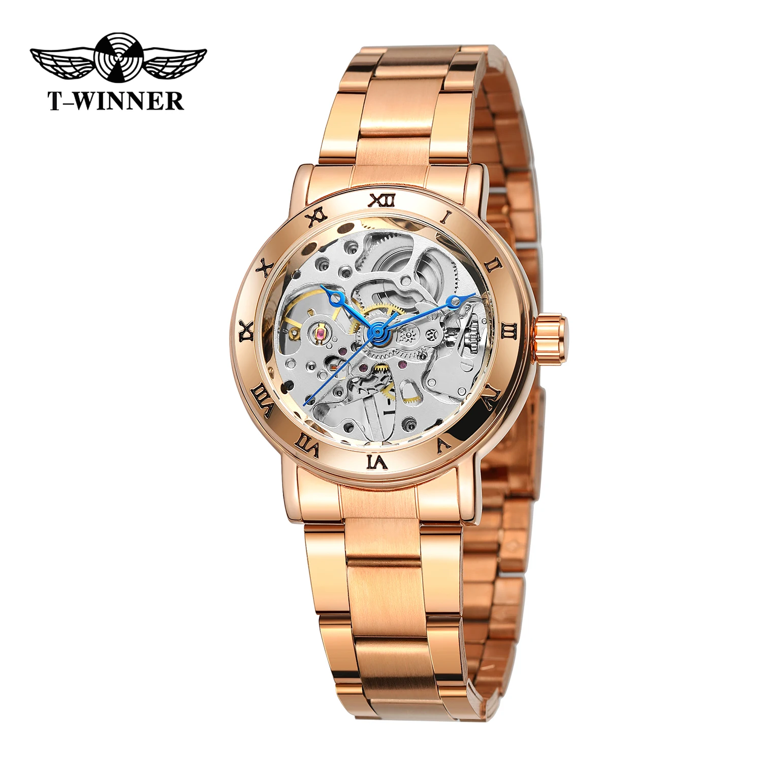 

T-WINNER Элитный бренд женские часы Скелет механические наручные часы из нержавеющей стали с римскими цифрами безель модные женские часы