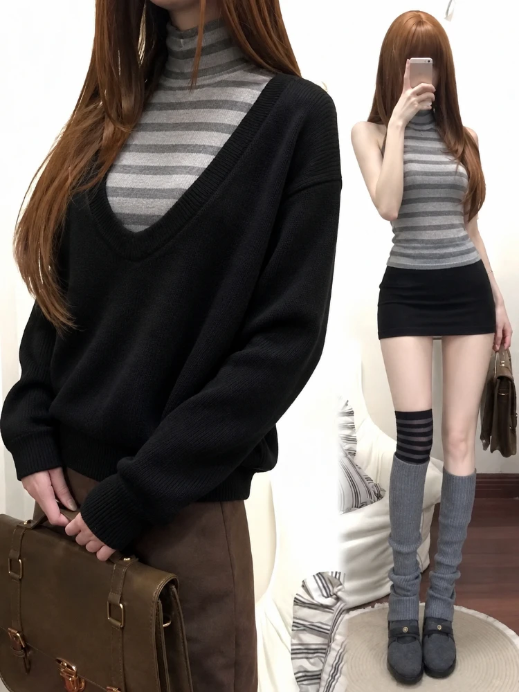 American Vintage Subculture Fashion Women Korean Turtleneck Sweater Long Sleeve Elegant Knitwear Designer Y2K Harajuku Pullover