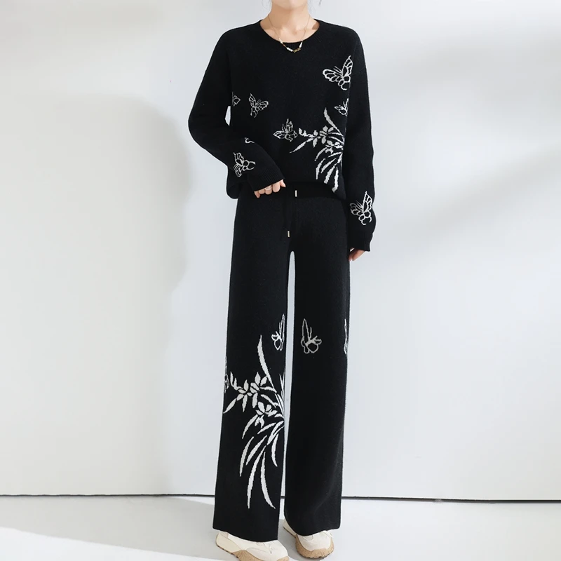 Women 2 Piece Set Pants & Tops 100% Merino Wool Sweater & Pants Female Suit New Cozy Autumn Winter Jacquard Pullover & Trousers