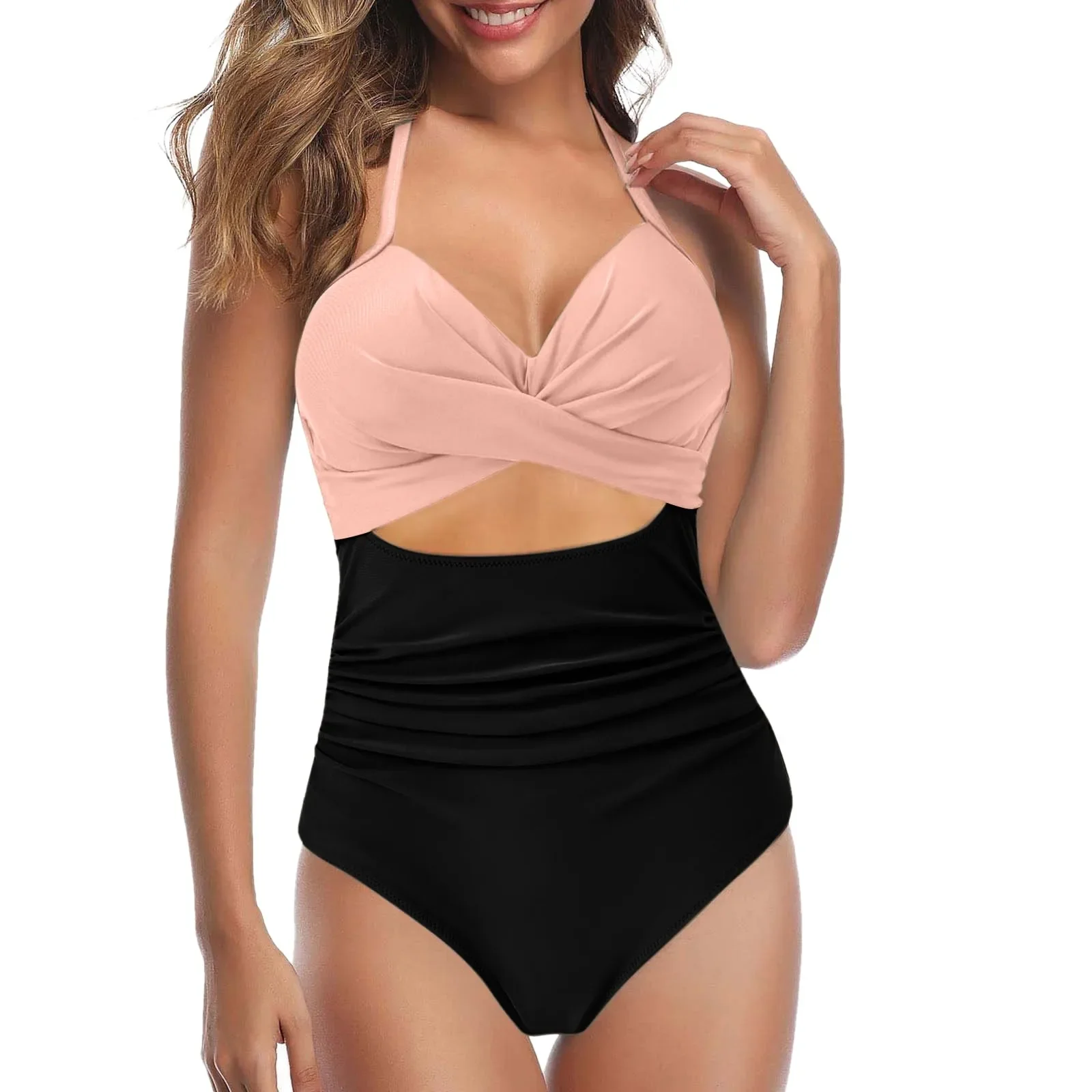 

Solid Color Push Up Swimwear Halter Drawstring Lace Up Criss Cross Pleated One Piece Swimsuit Sexy Hollow Out High Waist Bikini