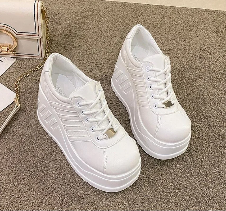 

White Shoes Women Lace Up pu Leather Wedges High Heel Pumps Shoes Female Breathable Chunky Platform Fashion Sneakers Size 35-41