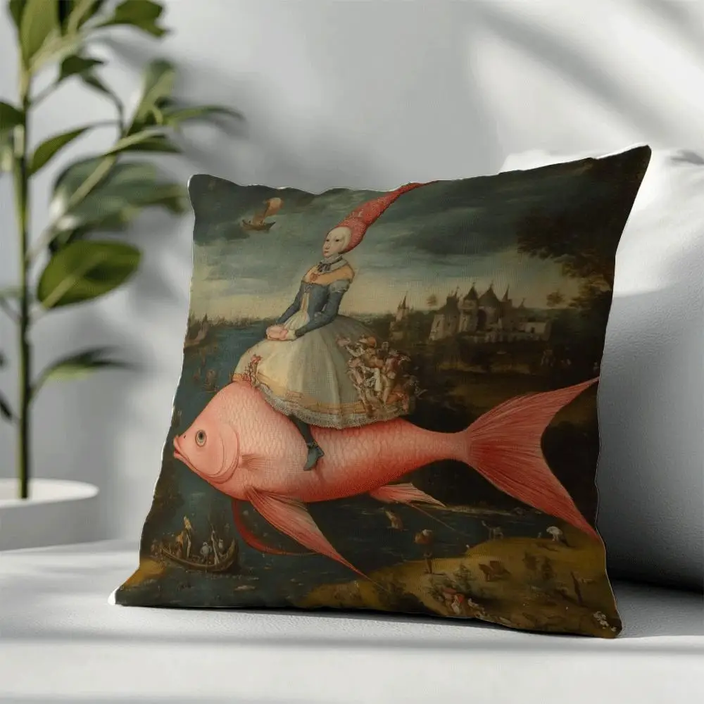 Double Sided Renaissance Art Girl Riding Fish Throw Pillow Cover Surreal Medieval Painting Print Cushion Case for Home Decor