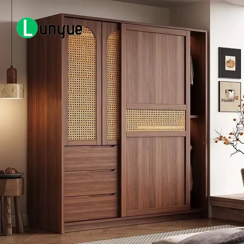 Retro Medieval Style Rattan Sliding Door Wardrobe For Small Apartment Bedroom Home Use Ready Made Furniture Space Saving