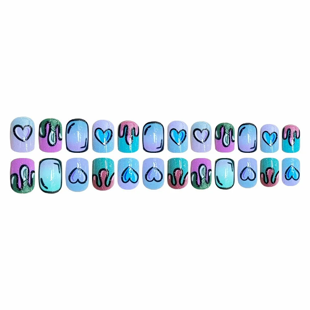 24 ชิ้นไล่โทนสีฮาโลวีนการ์ตูนเล็บปลอมกดบนเล็บสั้นสแควร์ Ins สไตล์อะนิเมะเล็บปลอมที่มีการออกแบบแววสวมใส่