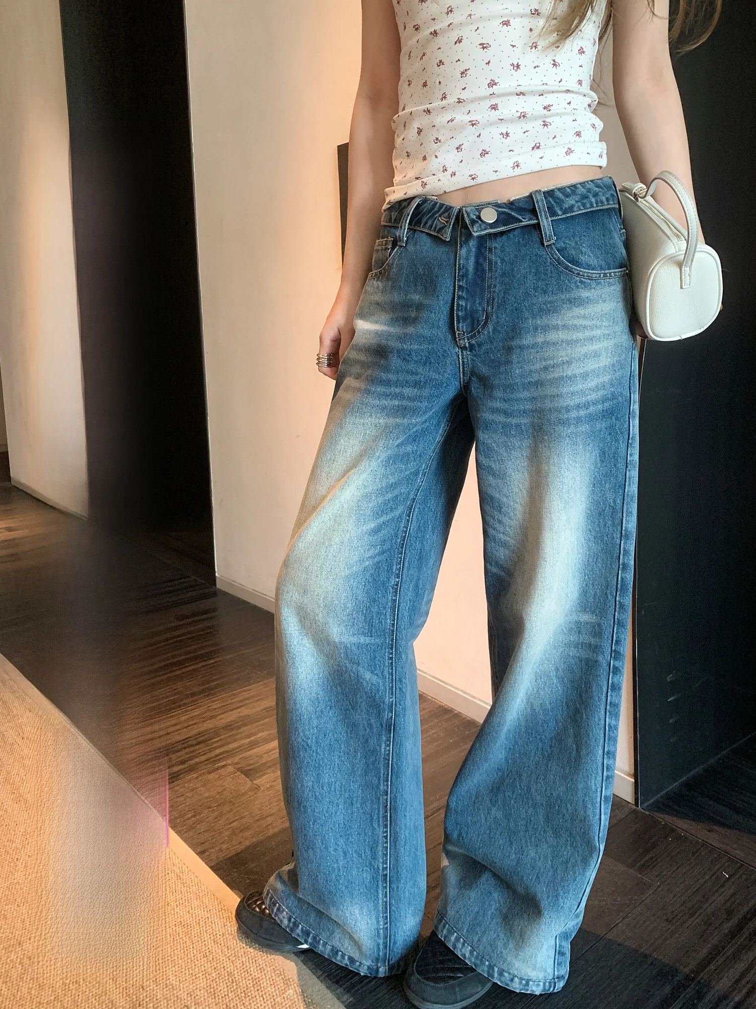 

Loose Straight Leg Blue Denim Jeans High Waist Wide Leg Pants Women's Washed Vintage Free Style New Arrival by Youqi