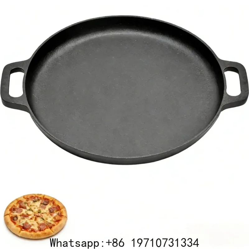 Round Cast Iron Frying Pan Double Handle Grill Pancake Pizza Pan Multipurpose Cooking Pan for BBQ Camping Kitchen Supplies