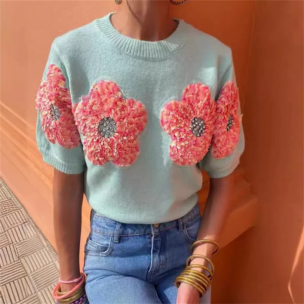 

Fashion 3D Flower Knitted Pullover for Women 2024 Spring Summer Solid O-Neck Short Sleeve Sweater Female Panelled Knitwear