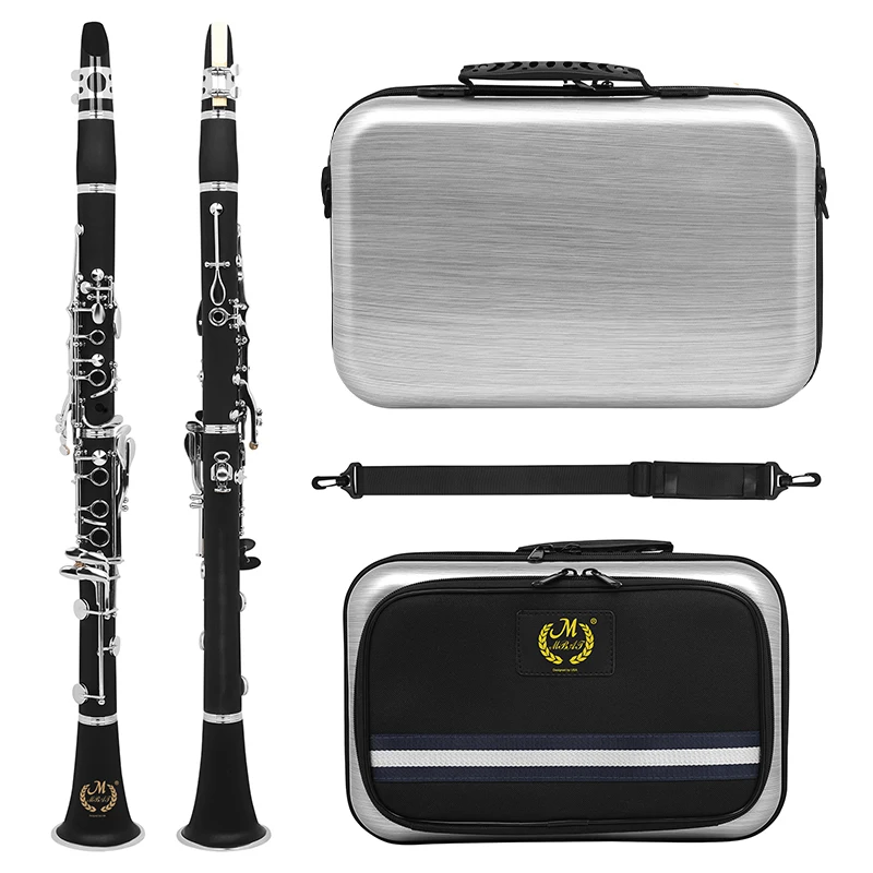 Professional Bb Clarinet 17 Keys Ebony Body Silver-Plated Keys Dual Barrel Italian Pads ABS Case Complete Set with Accessories