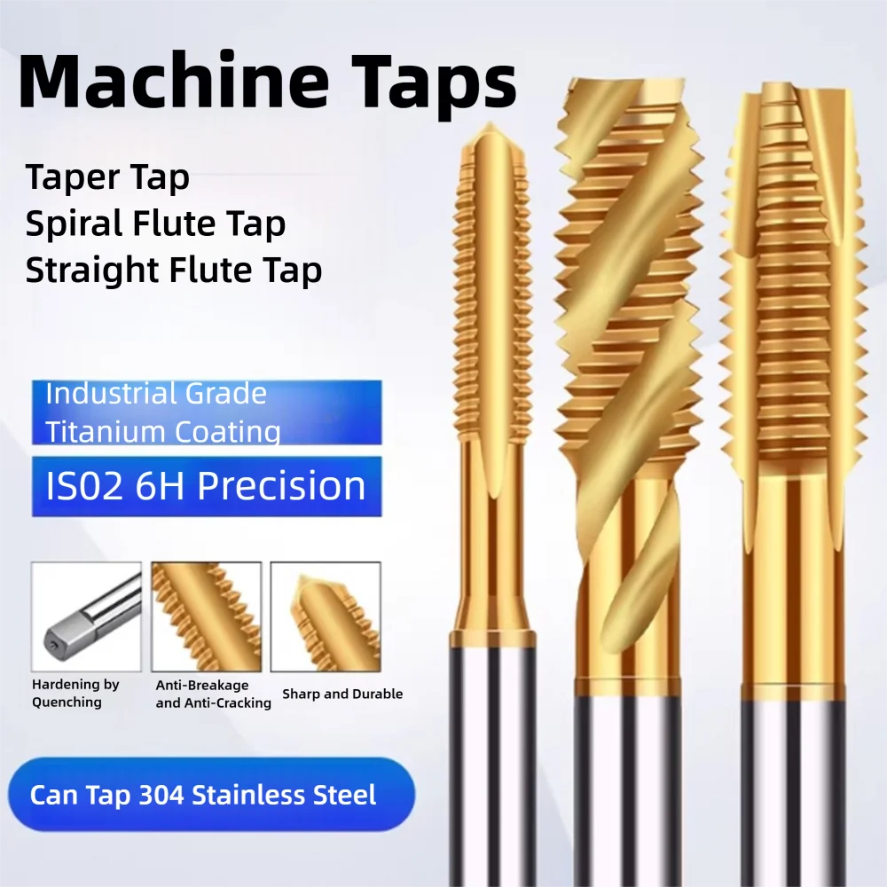 M2-M30 Ti-Coated Spiral Straight Flute Thread Machine Taps Stainless Steel SUS304 Milling Tool CNC HSS Tapping Drill Hole Cutter