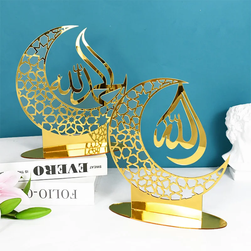 1pc Eid Mubarak Acrylic Ornament Ramadan Desktop Gold Silver Star Moon Hollow Out Decoration Islamic Muslim Party Decor Supplies