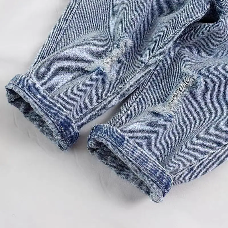 Jeans infantil solto e perfurado na moda, jeans bebê, novo, meninos e meninas de 1 a 7 anos, roupas de primavera, 2022