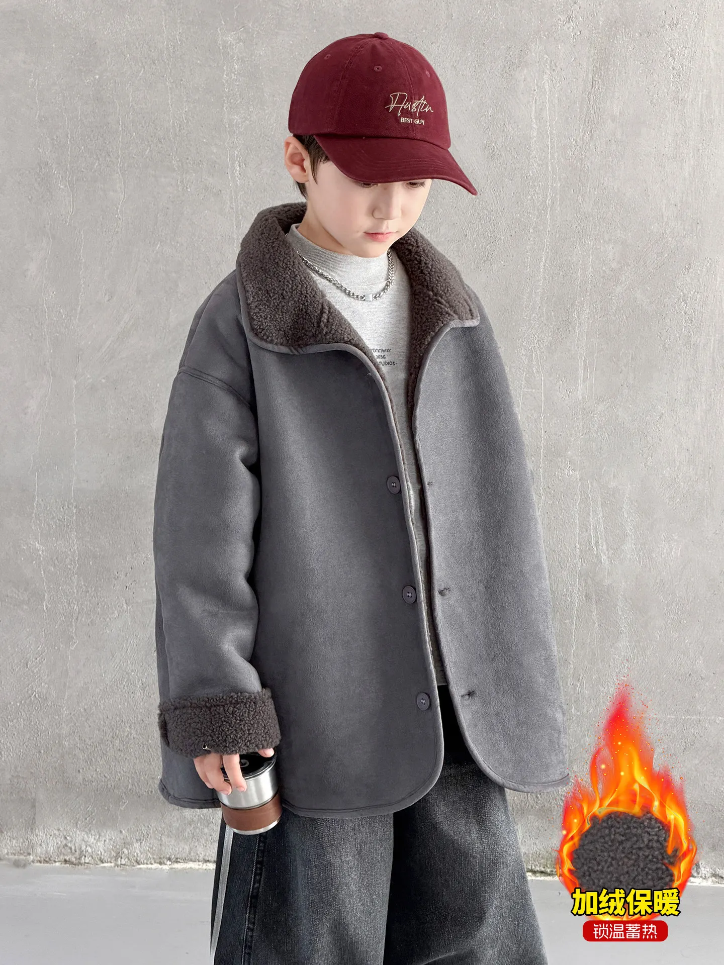 2026 New Mid to Large Children's Fur Integrated Boys' Velvet Coat Winter