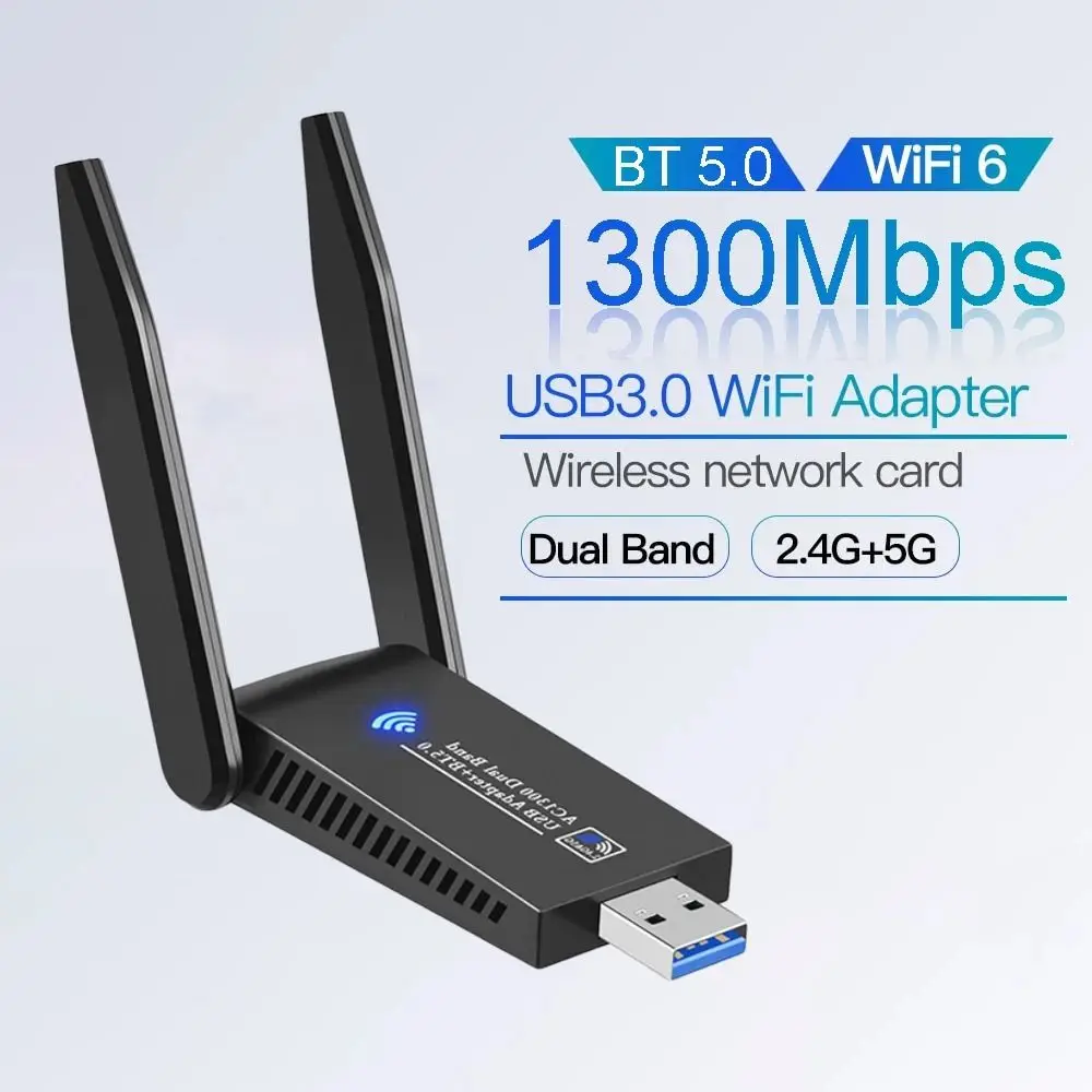 

Dual Band WiFi USB Adapter 2 Antenna Design USB3.0 Interface 1300Mbps WiFi Dongle Receiver 2.4G/5Ghz Wireless Network Card