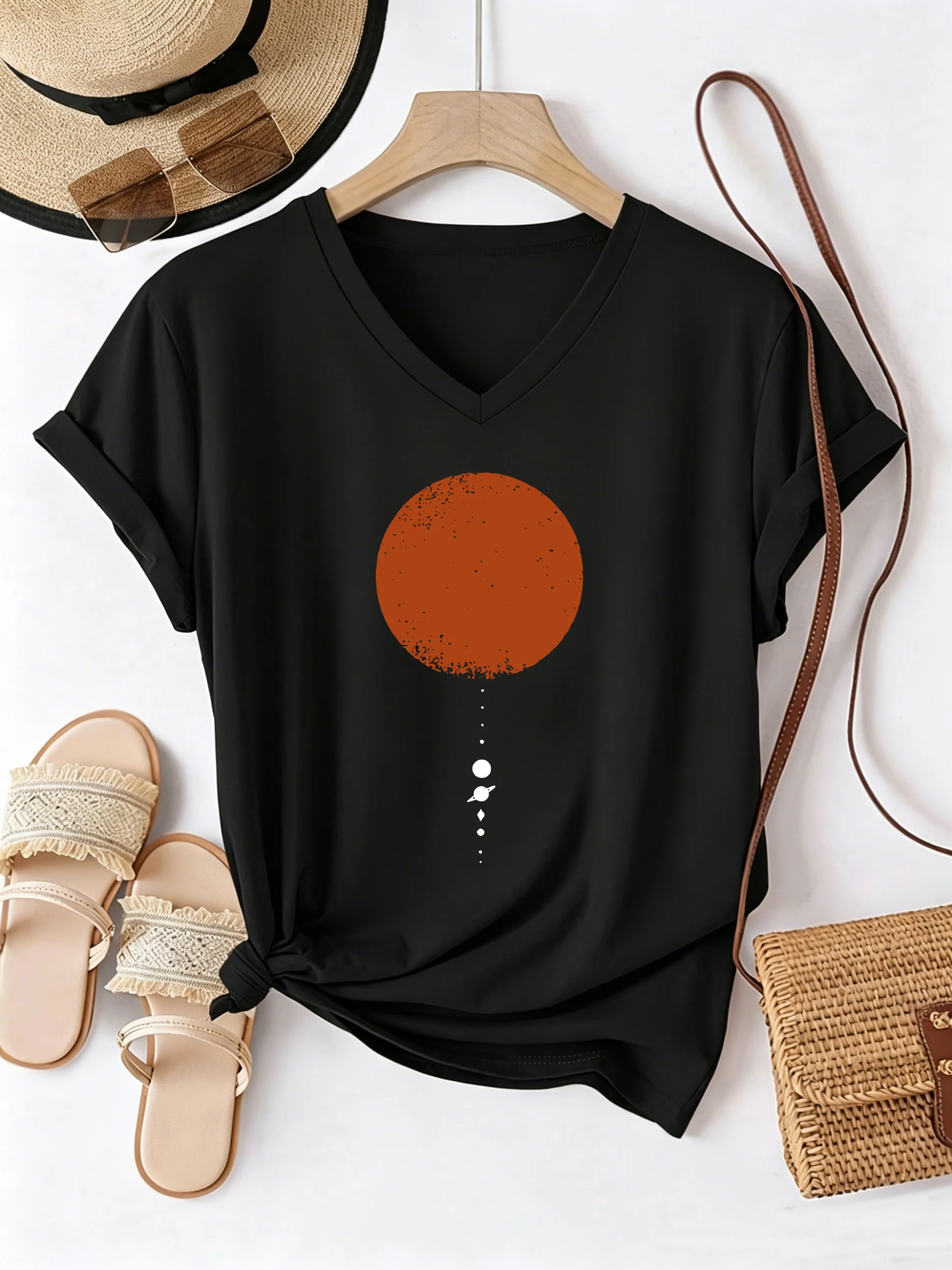Japanischer Stil, Mond-Sonnen-T-Shirt, V-Ausschnitt, lässige Mode, Vintage-T-Shirts, Damen, kurzärmeliges T-Shirt, V-Ausschnitt, Retro-Shirt