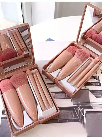 5Pcs Portable Makeup Brush Set With Mirror -  Foldable Travel Kit ，Mini Makeup Brush Set Travel Makeup Brush Set