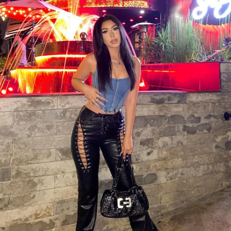 Pantalon en cuir ajouré pour femmes, élégant, Slim Fit, crayon, à lacets, taille haute, épissure, solide, Bandage, Streetwear, poche