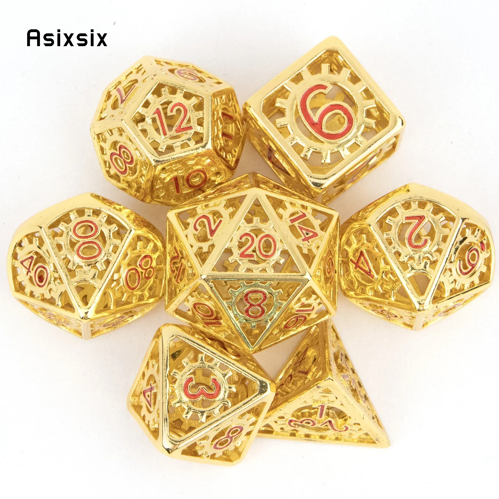 

7 Pcs Yellow Red Gear Wheel Metal Dice Hollow Metal Polyhedral Dice Set Suitable For Role-Playing RPG Gift Card Game