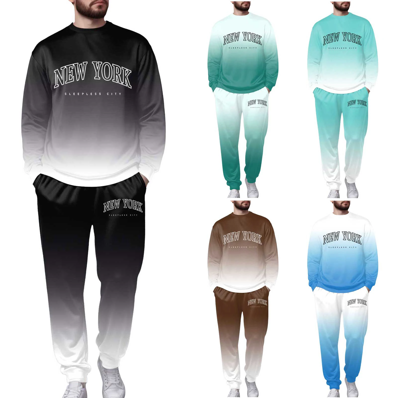 

Jacket Suits for Men Men's Fleece Lined Crew Neck Hoodless Sweatshirt And Sweatpants Suit Street Gradient Letter Men Rain Suite