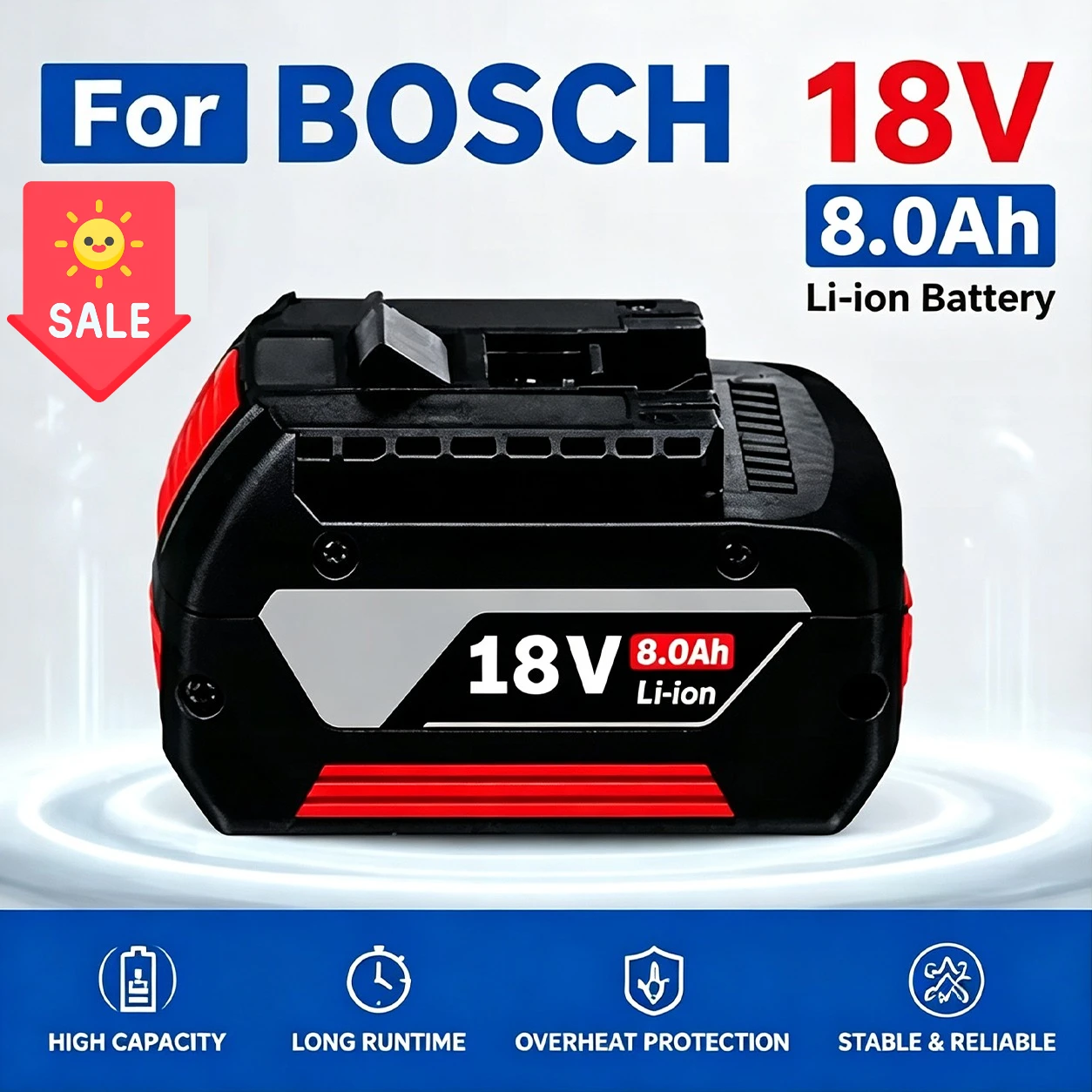 18V 8,0Ah Lithium-Ionen-Ersatzakku für kabellose Werkzeuge, kompatibel mit Bosch BAT609 BAT609G BAT618 BAT618G