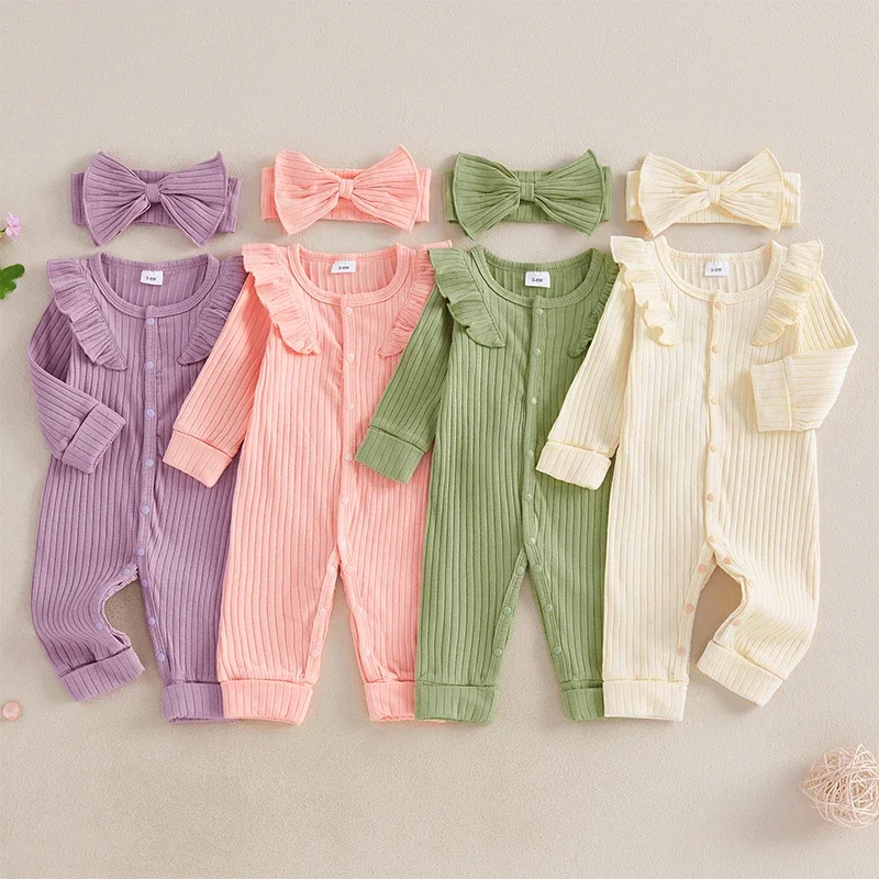 

Baby Girl Rompers Solid Long Sleeve Crew Neck Ruffle Ribbed Full Lenth Jumpsuit Overalls Headband Newborn Clothes