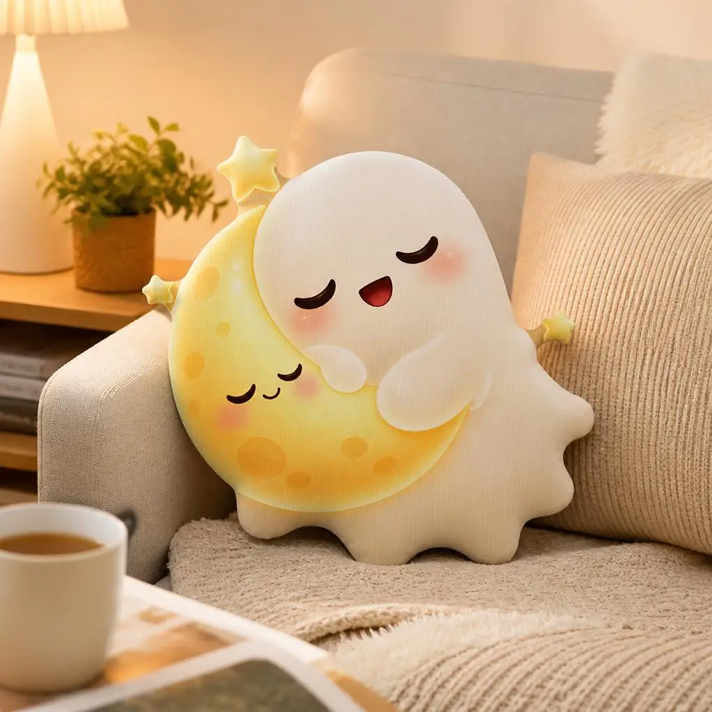 Cute Ghost Moon Shaped Throw Pillow Stuffed Cushion for Halloween Bedroom Decor Sleeping Ghost Starry Sofa Home Gift