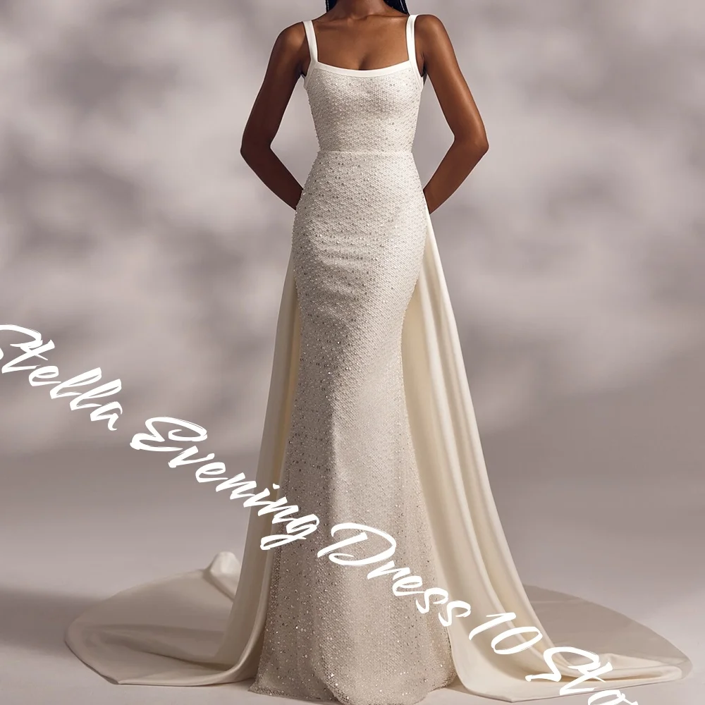 Vestido de noche de Jersey blanco elegante personalizado exquisito lentejuelas acanaladas sin tirantes tirantes espagueti sin espalda corte Trai