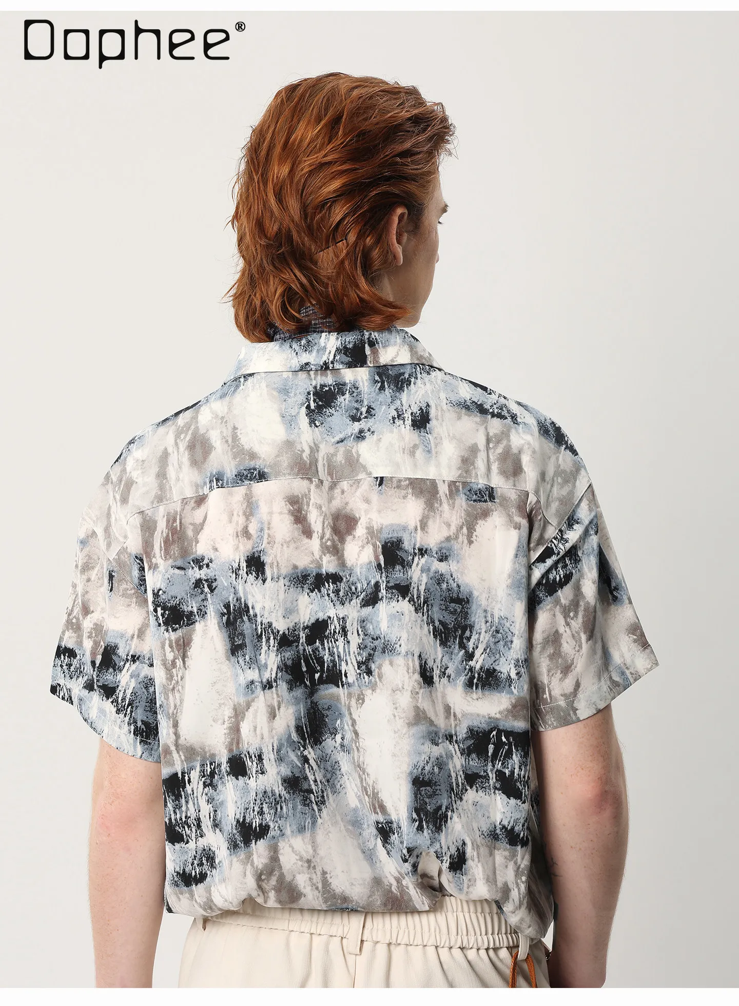 2026 Summer Retro Grey Black Marble Brushstroke Print Short Sleeve Shirt Men Loose Fit Cuban Collar Casual Streetwear Top