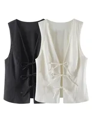 HH Women Fashion Lace Up Vest V Neck Sleeveless Top Y2k Vintage Solid 2024 Female Summer Sexy Party Tank Tops