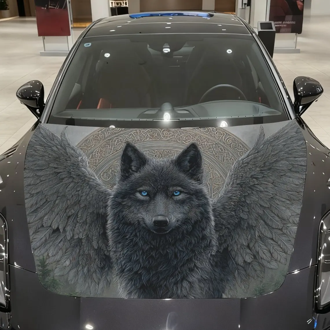 Black Winged Wolf Car Hood Sticker, Roll Packaging, Fashionable Design, Suitable For Most Vehicles, Stylish Car Decoration, Engi