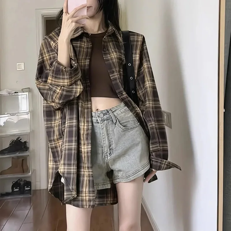 Vintage Plaid Shirts Women Spring Summer Long Sleeve Oversize Button Up Shirt Woman Korean Fashion Turn Down Collar Outwear Tops