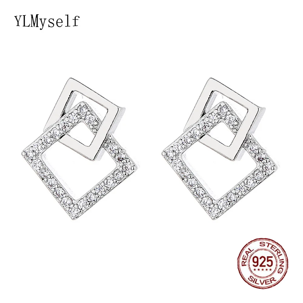 

Real 925 Silver Square Earrings Pave Shiny Cubic Zircon Elegant Fine Jewelry for OL Lady