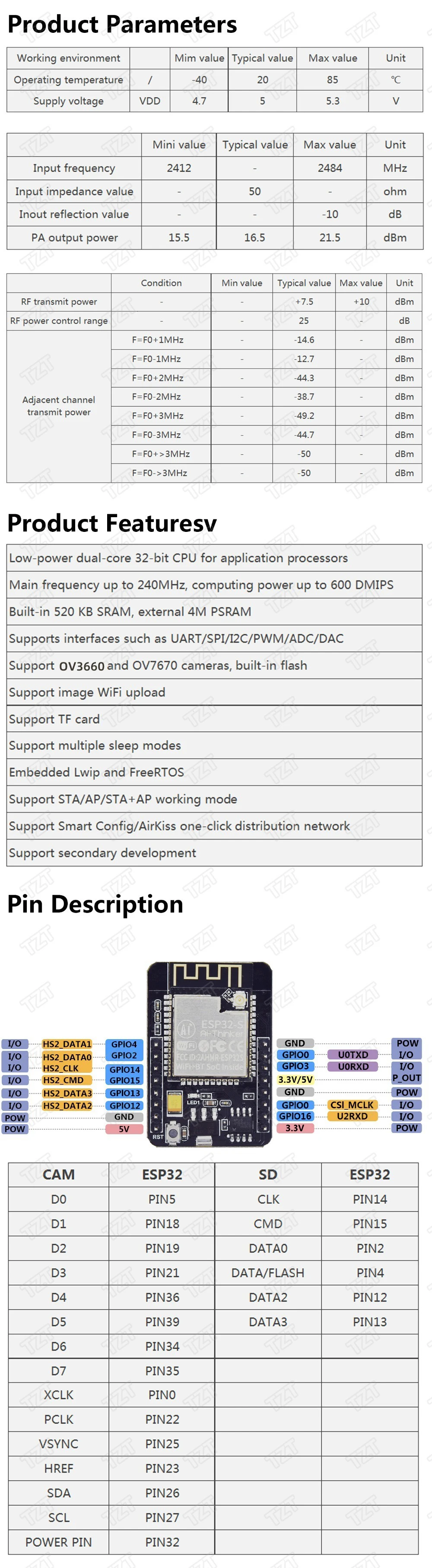 DIYTZT ESP32-CAM WLAN + Bluetooth Modul Kameramodul Entwicklungsboard ESP32 mit Kameramodul OV2640/3660 2MP für Arduino – Detail 1