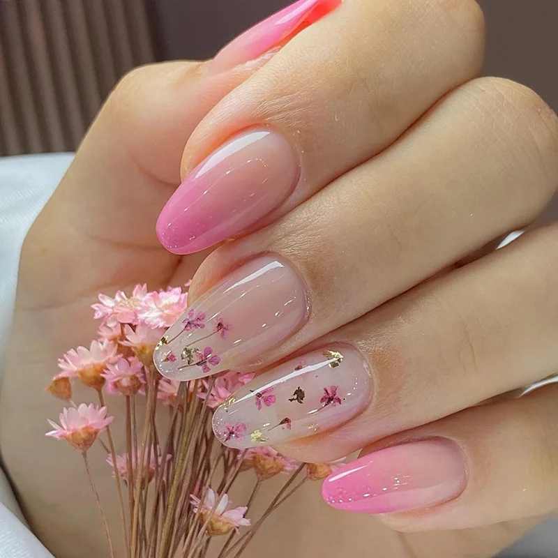 

24pcs Gradient Color Floral Pattern Heart-shaped Print Press on Nails Almond Nails Full Cover Wearable False Nails