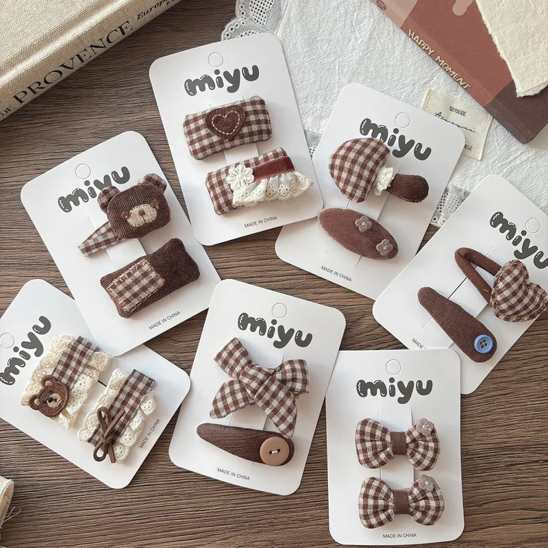 Hair Clips Kids Small Brown Fabric Plaid Bow Heart Side BB Clip Girls Versatile Bangs Headwear Accessories Lightweight Daily