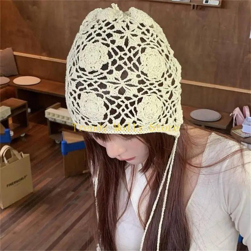 N5KB Women Hat Bohemian Hat Y2K Hot Girl Beanie Hat Pilling Eyblap Flower Hat