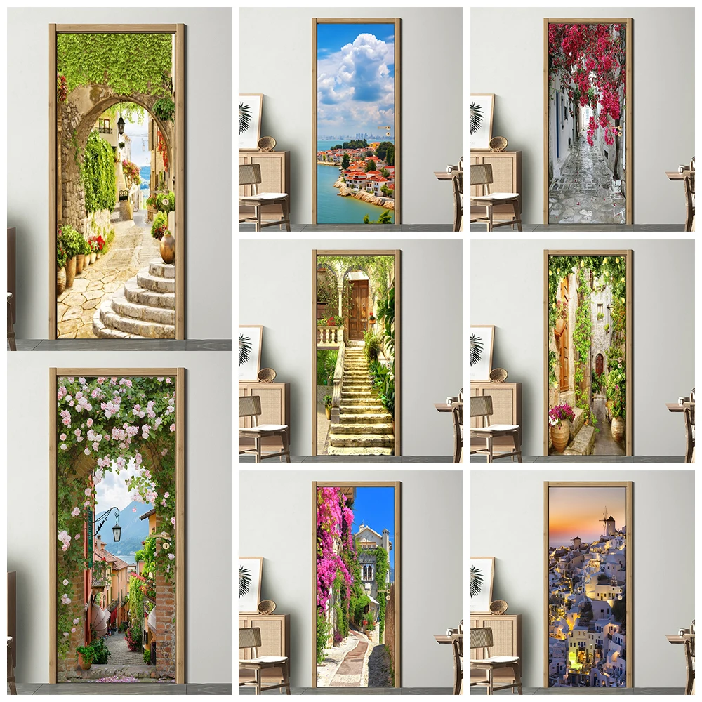 

Rural Small Town Scenery Door Mural Sticker Removable Home Decoration Flower Landscape Old Street Door Wrap Cover Decals