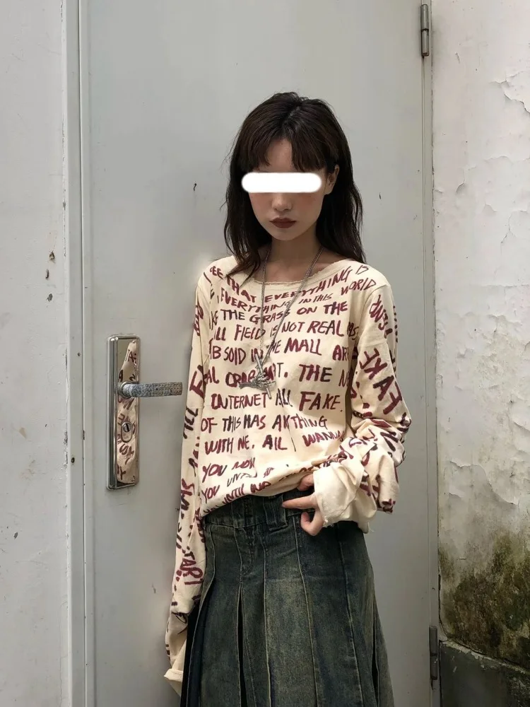 Streetwear Punk Casual Long Sleeve Tee Shirts Y2k Grunge Letter Print Women T-shirt New Harajuku Aesthetic Loose Vintage Tshirts