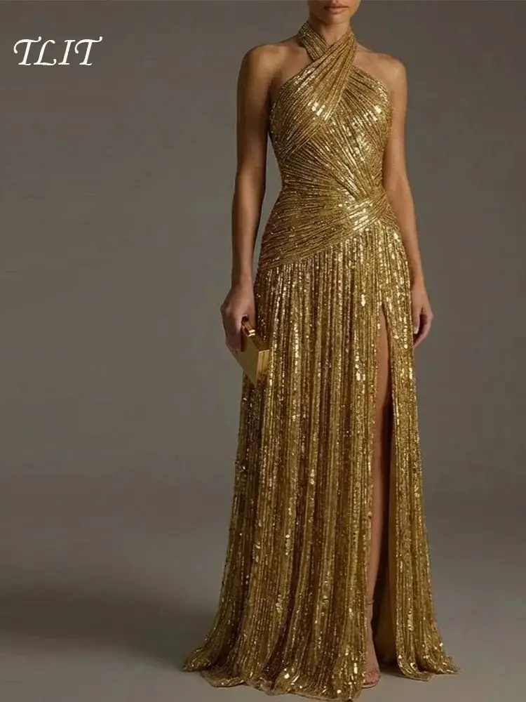 TLIT Elegante diepgouden pailletten A-lijn avondjurken Halter mouwloos met lichtgouden pailletten galajurken op maat - afbeelding 2