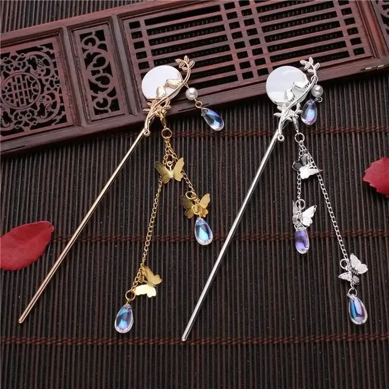 Hanfu Hair Fork Jewelry Ornaments Chinese Traditional  Classic Pearl Tassel Butterfly Stick Plate Hairpin White Accessories Gift