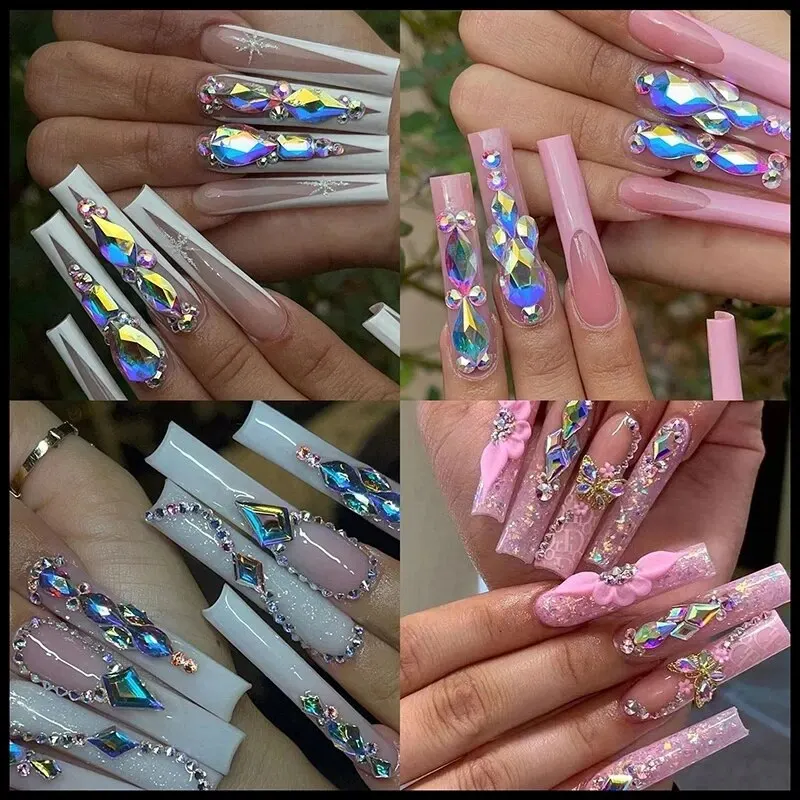 Strass multi-formes AB à fond plat, 12 grilles, pierres précieuses colorées pour décoration Nail Art avec pince à épiler, stylo de perçage, outil de manucure