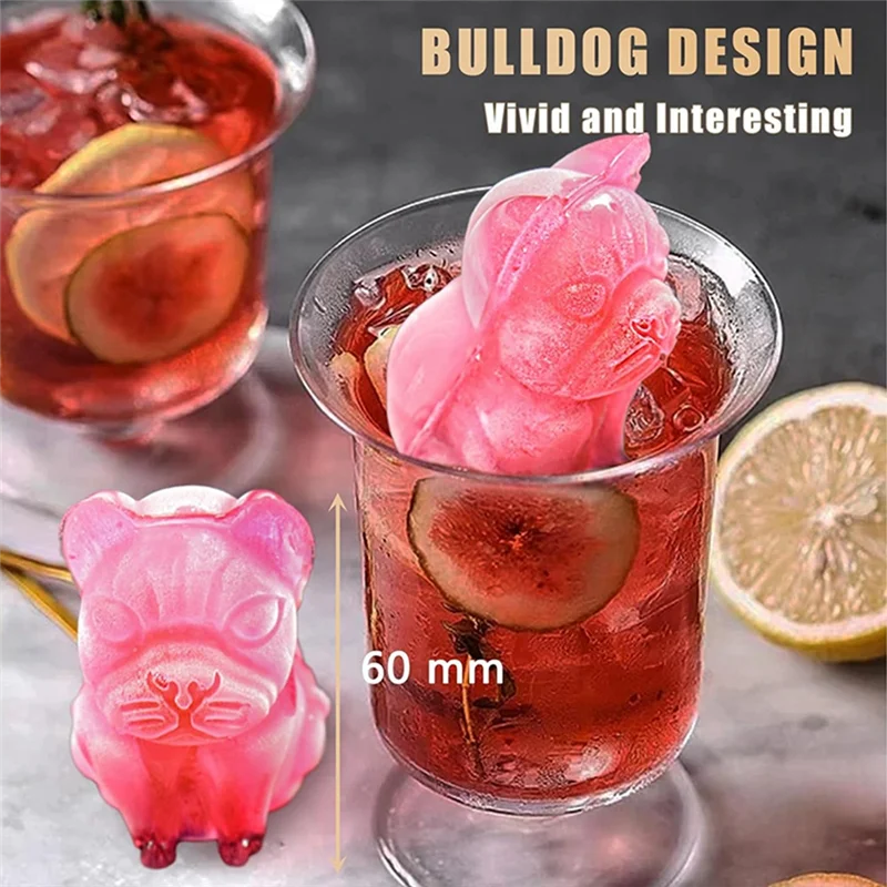A55F-Ice-Cube Tray With Lid - 3D French Bulldog,2 Inch Ice-Cube Molds,4 Hole Shapes Big Silicone Ice-Cube Trays For Whiskey