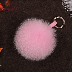 2026 Real Fox Fur Keychain Natural Fur Pompom Ball Women Bag ornaments Pendant Luxury Car Key Ring Leather Strap Metal Ring Gift